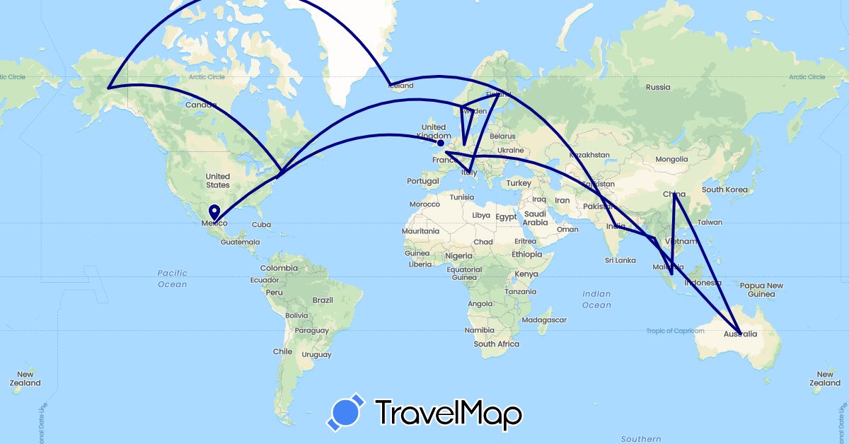 TravelMap itinerary: driving in Austria, Australia, China, Germany, Finland, France, United Kingdom, India, Iceland, Italy, Myanmar (Burma), Mexico, Malaysia, Norway, Sweden, Singapore, United States (Asia, Europe, North America, Oceania)